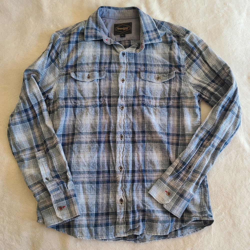 Treadgrit Casual Blue navy Plaid Shirt mens S